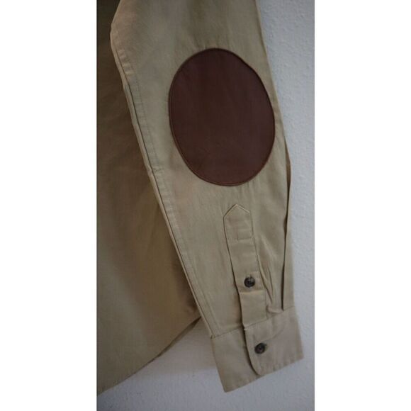 Lauren Ralph Lauren Women Sz M Tan Leather Patch Featherweight Twill Shirt - Picture 7 of 12